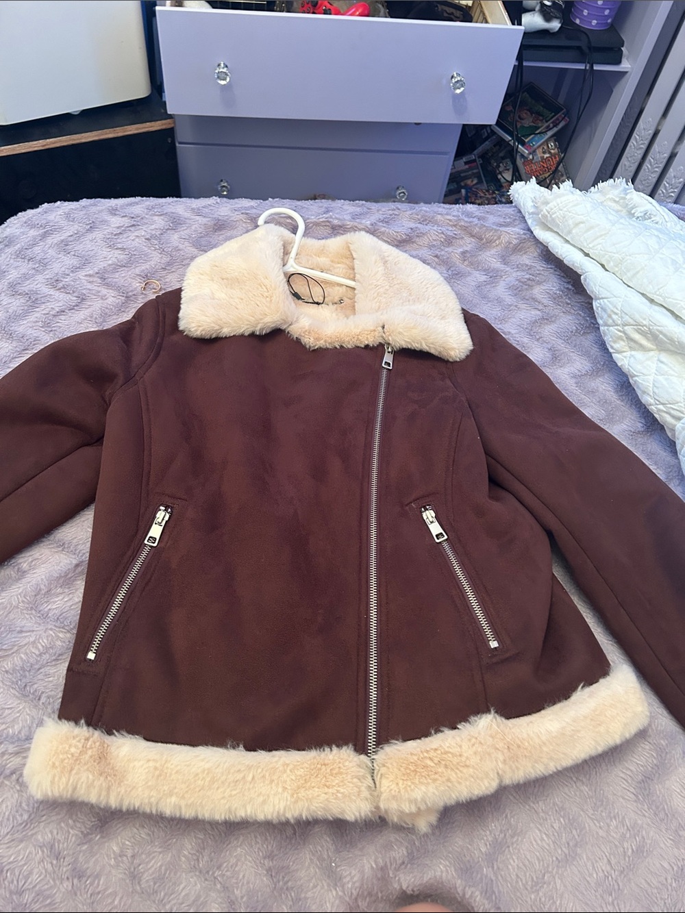Women’s Faux-Shearling Trim Brown Jacket